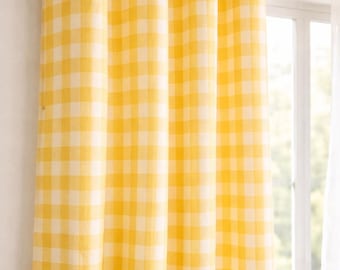 Farmhouse Check Curtains: Organic Linen Dusty Yellow & Beige (Blackout or Cotton Liner)