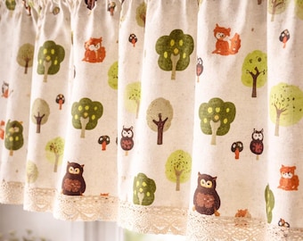Farmhouse chicken kitchen window valance or cafe curtains : Multi colors with sage green band