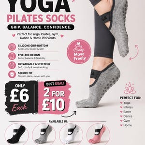 May include: Grey non-slip yoga and Pilates socks with a five-toe design. The socks have a silicone grip bottom and are breathable and stretchy. Available in black, grey, white, and pink. The text on the socks reads "GA".