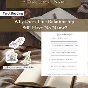 以下が含まれることがあります： タロットリーディングガイドのデジタル版。タイトルは「A Tarot Letter No.19, Why Does This Relationship Still Have No Name?」。ジャーナルプロンプト、質問リスト、花の小枝、メリーゴーランド、ウサギの3種類の装飾ステッカーが含まれています。