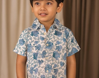 Blue Bloom : Kids Boy Shirt, Block Print Cotton Shirt, Toddler Button Down, Summer Boy Shirt, Handmade boy outfit, Blue Floral Print.