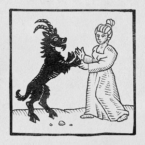 Puede incluir: Una ilustración en blanco y negro grabada en madera que muestra a una persona con el cabello recogido en un moño y un vestido largo frente a una criatura negra similar a una cabra con cuernos. Ambas figuras están frente a frente.