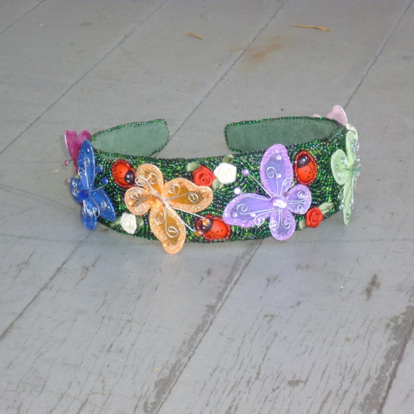 Butterfly Garden headband- bead embroidered OOAK