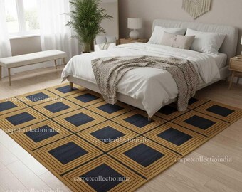 Hand-Tufted Wool Area Rug – Gold & Navy Geometric Linear Carpet
