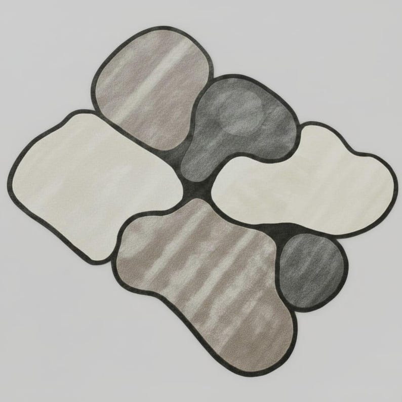 May include: Abstract drawing featuring organic shapes in shades of gray, beige, and brown, outlined in black. The shapes are clustered together on a white background, creating a modern, artistic design.