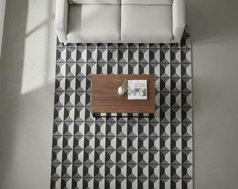 Monochrome Geometric Area Rug - 3D Cube Design Hand-Tufted Wool Carpet