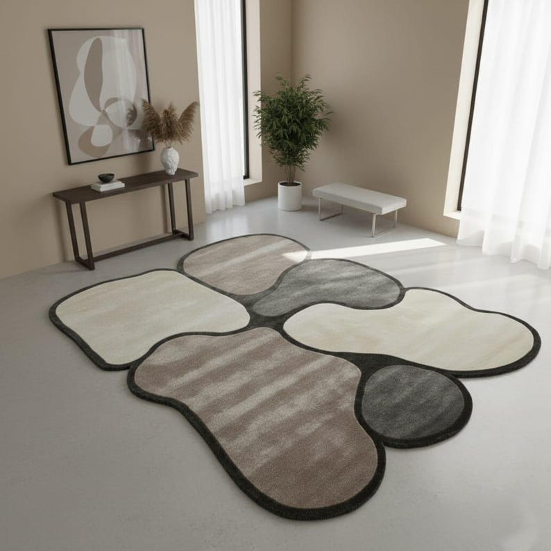 Irregular Organic Shape Rug - Modern Abstract Neutral Carpet - Unique Designer Area Rug image 1