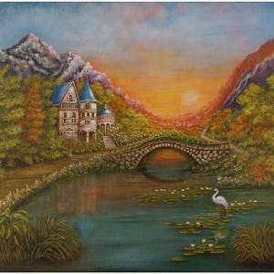 Sunset Heron Landscape Acrylic Painting River with lily pads Landscape with Bridge, Castle, Artwork  Original Canvas 40x50 cm Wall Art Gift