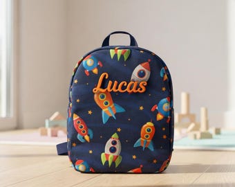 Mochila espacial personalizada con forma de cohete para niños pequeños, mochila escolar con nombre personalizado.