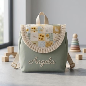 Mochila personalizada de patchwork, bolso infantil estilo rústico, mochila preescolar con nombre personalizado, mochila escolar con estampado floral de ganso.