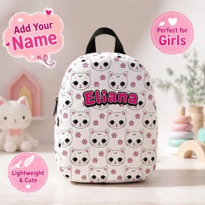 Personalized Cat Kids Backpack, Custom Name Kitty Toddler Bag, Organic Cotton Preschool Daycare Backpack for Girls and Baby