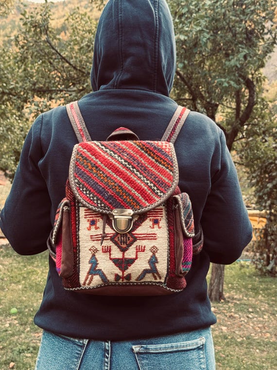 Vintage backpack woven design Vintage Mexican Woven Backpack, Aztec Boho Festival Bag - Etsy main image 3