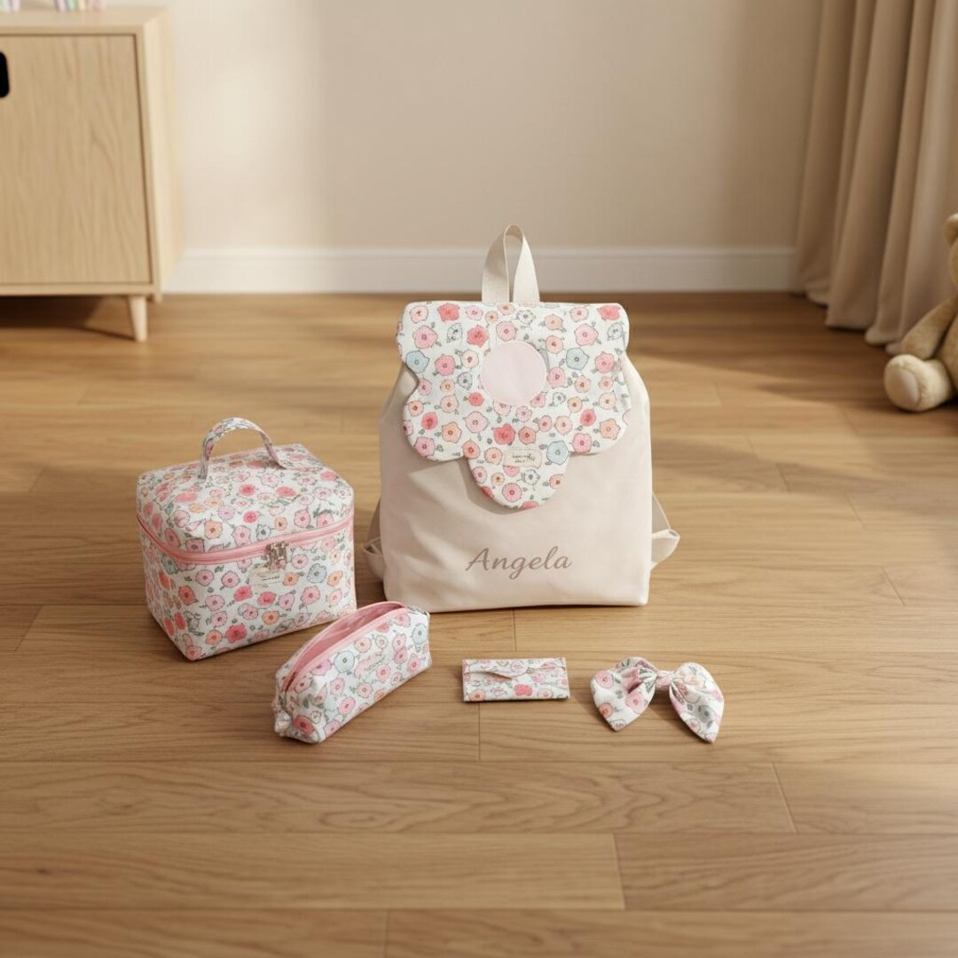 Floral Girls Backpack Set With Name, Duck Fabric Personelized School ...