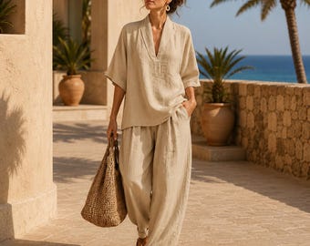 Linnen tweedelig set dames, oversized linnen outfit, losse top en broekset, boho loungeset, casual zomeroutfit, vakantiekleding