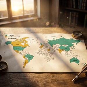 May include: A world map printed on paper featuring a color-coded legend: green for visited, yellow for desired to visit, and white for not visited. The map displays various countries shaded in these colors, with a compass resting on the right side.