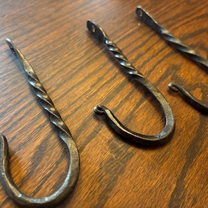 May include: Three dark gray metal hooks with a twisted shank design and a curved bottom. Each hook features a small circular mounting hole at the top end and a curled tip at the base, showcasing a textured, hand-forged appearance throughout.