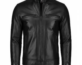 Men's Classic Black Leather Jacket | Cafe Racer Biker Style | Slim Fit Genuine Sheepskin Outerwear.