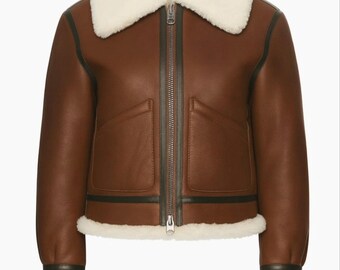 Women’s Shearling Leather Jacket – Brown Aviator Bomber Jacket Winter Coat.