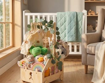 Wooden Baby Hamper Basket with Wheels Nursery Storage Crate Shower Keepsake Toy Organizer Newborn Girl Boy Gift