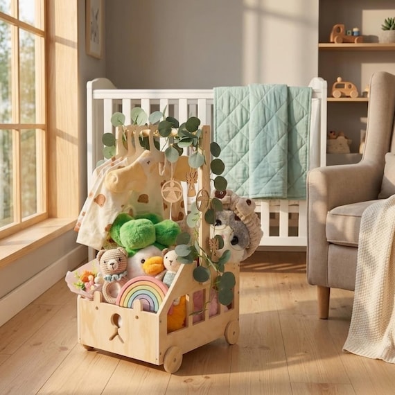 Wooden Baby Hamper Basket with Wheels Nursery Storage Crate Shower Keepsake Toy Organizer Newborn Girl Boy Gift