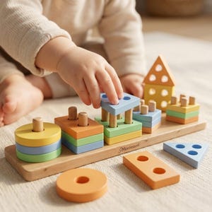 May include: A wooden Montessori shape sorter toy with various colorful geometric shapes, including circles, squares, and triangles. The shapes are in shades of yellow, orange, green, and blue. The toy is designed to help children learn about shapes and colors.