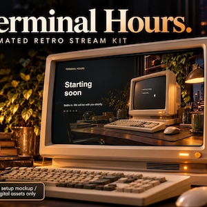 Retro Computer Stream Pack, geanimeerde 'Start binnenkort', 'Ben je terug' en 'Einde' schermen met webcamframe en panelen.
