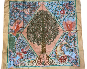 Vintage HERMES Axis Mundi Sidenscarf 90 World Center Sällsynt Autentisk Begränsad Upplaga