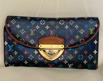 Vintage Louis Vuitton Flerfärgad Murakami Lång Plånbok Svart Monogram Guldfärgad Hårdvara Clutch Plånbok