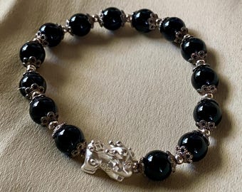Svart Obsidian Pixiu-armband – 8 mm Feng Shui-rikedomsberlock – Unisex Sterlingsilver 925