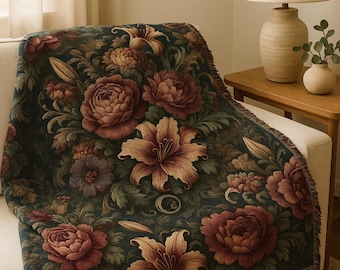 Vintage Floral Tapestry Woven Blanket | Rose Peony Bouquet, Dark Botanical Throw