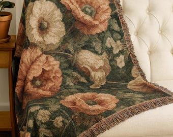 Vintage Poppy Floral Woven Tapestry Throw | Botanical Cottagecore Home Decor | Heirloom Floral Sofa Blanket