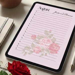 May include: A digital planner for August with lined pages, floral accents, and the text "August Goals and Dreams." A red rose and a cup of coffee are also visible.