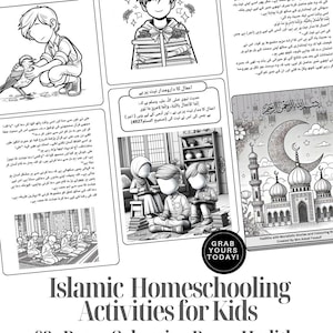 Puede incluir: Una colección de páginas educativas en blanco y negro con ilustraciones de niños, mezquitas y pájaros, acompañadas de texto en urdu. El documento incluye el título Islamic Homeschooling Activities for Kids, 92+ Pages Colouring Pages, Hadith, Moralistic Stories And Much More.