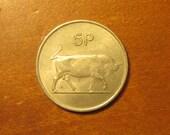 1971 Ireland 5 pence coin, bull depicted reverse,Irish world coin,lucky,harp,1970 39 s,collectible jewelry supply supplies decorative arts