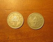 Pair 1961 Lebanon 10 piastres coin s, lebanese, collecting jewelry craft supply supplies, world coins, cedar tree, ship,inv7