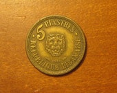 1955 Lebanon 5 piastres coin, lebanese, collecting jewelry craft supply supplies, world coins, cedar tree, lion, inv2