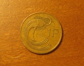 1971 Ireland 1 pence, Irish world coin, penny, lucky, celtic bird, jewelry, craft, supply, supplies, penny, one cent piece