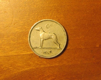 1961 Irish Sixpence Coin Old Ireland Greyhound Dog Celtic Harp Vintage