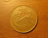 1979 Ireland twopence, Irish world coin, 2 pence, lucky, celtic bird, jewelry, craft, supply, supplies, penny, two cent piece