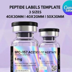 Peut inclure: Deux flacons en verre transparent avec bouchons noirs et étiquettes holographiques marquées BPC-157 ACETATE 5 mg. Le texte inclut PENTADECAPEPTIDE, 99% PURITY, NOT FOR HUMAN CONSUMPTION, FOR RESEARCH PURPOSES ONLY et STORAGE: 2°C to 8°C. Tailles 40x30mm, 40x20mm, 50x30mm.