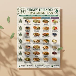 May include: A rectangular chart titled Kidney Friendly 7 Day Meal Plan, featuring a grid layout with seven rows for days of the week and four columns for meal categories. Each cell contains a small food image and text describing the daily meal.