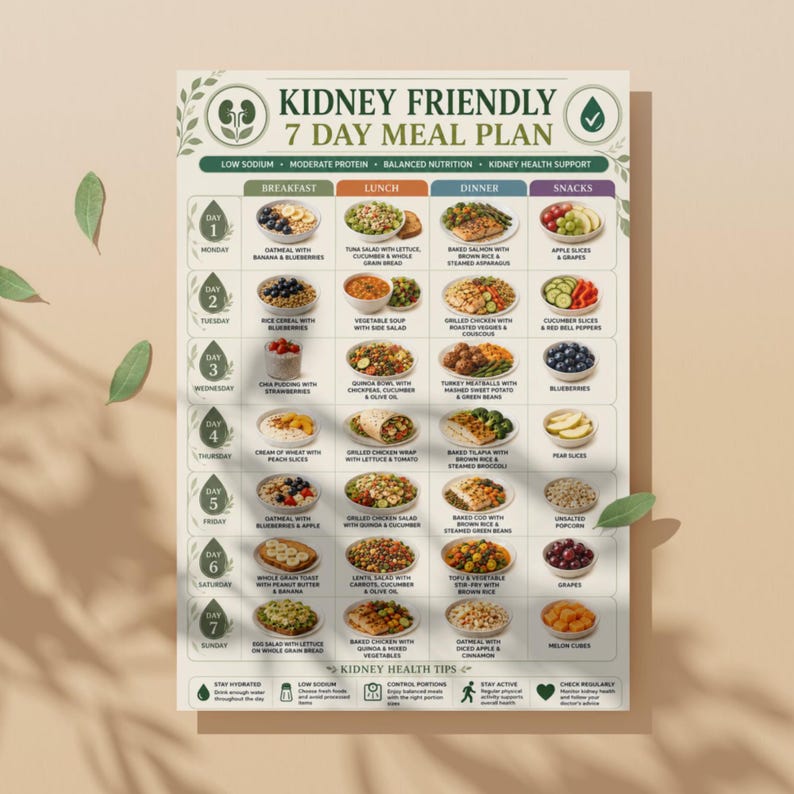 May include: A rectangular chart titled Kidney Friendly 7 Day Meal Plan, featuring a grid layout with seven rows for days of the week and four columns for meal categories. Each cell contains a small food image and text describing the daily meal.