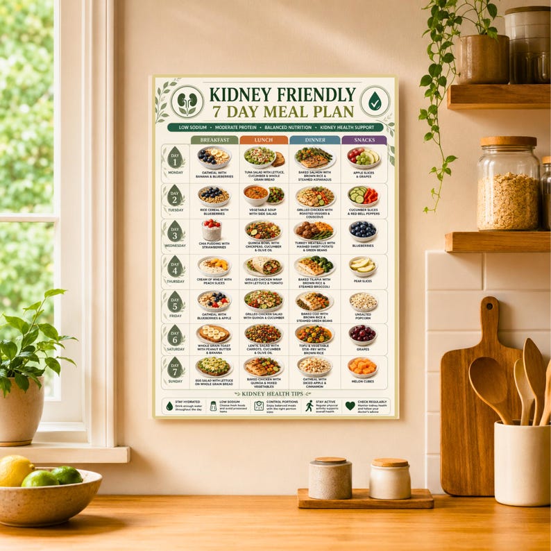 May include: A rectangular wall poster titled Kidney Friendly 7 Day Meal Plan, featuring a grid of daily food suggestions for breakfast, lunch, dinner, and snacks. The chart includes small food images, text descriptions, and kidney health tips.
