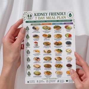 May include: A printed Kidney Friendly 7 Day Meal Plan chart featuring a grid of daily food suggestions for breakfast, lunch, dinner, and snacks. The document includes text labels for each day of the week, nutritional categories, and kidney health tips.