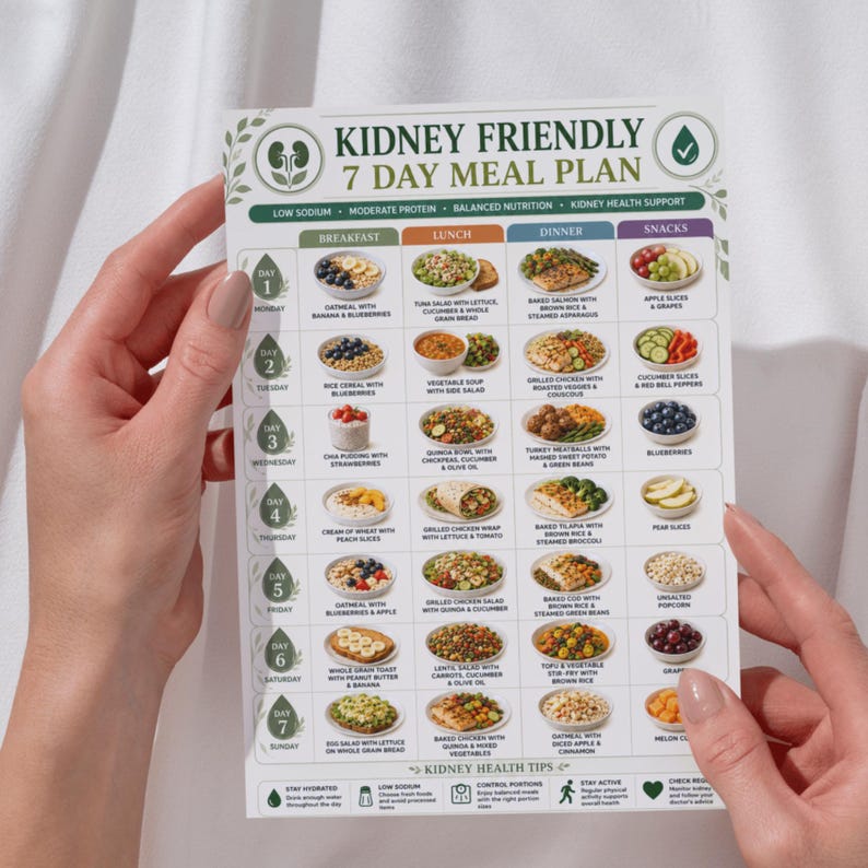 May include: A printed Kidney Friendly 7 Day Meal Plan chart featuring a grid of daily food suggestions for breakfast, lunch, dinner, and snacks. The document includes text labels for each day of the week, nutritional categories, and kidney health tips.