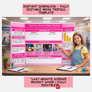 Plantilla editable de tablero tríptico para feria de ciencias de 48 x 36 pulgadas / Póster A0 para exhibición de proyectos / Impresión e impresión en mosaico A4/Carta de EE. UU.