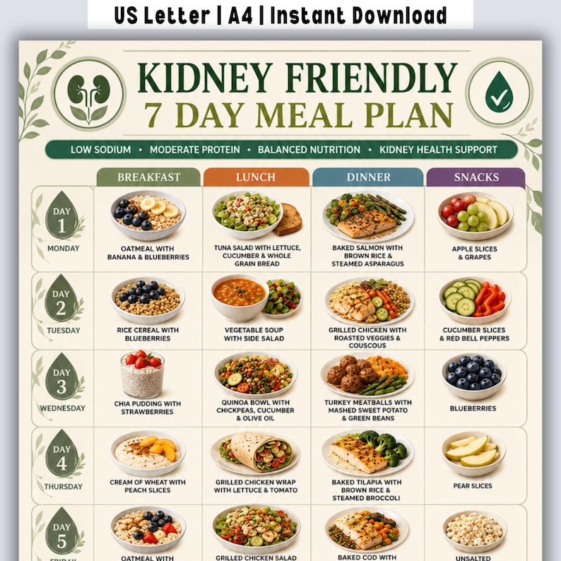 May include: A digital meal plan chart titled Kidney Friendly 7 Day Meal Plan with columns for breakfast, lunch, dinner, and snacks. The grid displays daily food images and text descriptions for five days, featuring healthy meals like oatmeal, salads, and fish.