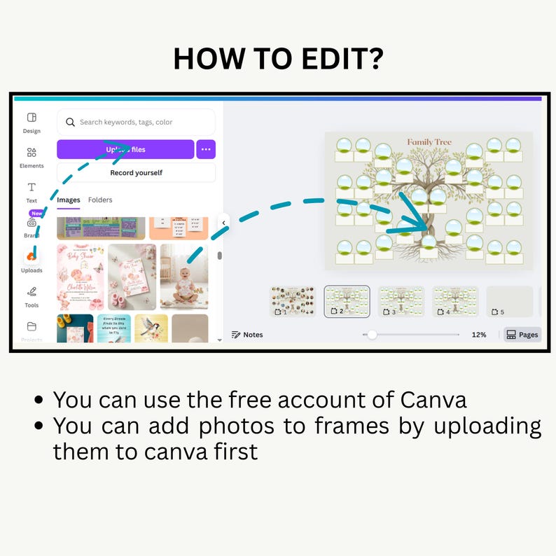 Family Tree Template With Photos, Editable 5 Generations Canva Poster ...