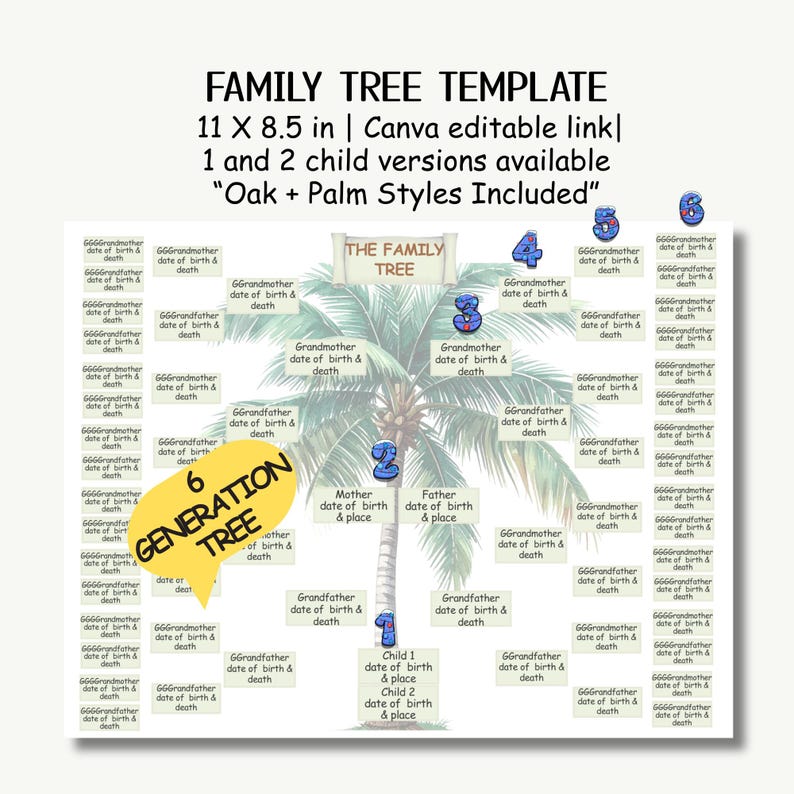 Family Tree Template With 6 Generations | Editable Ancestry Chart ...