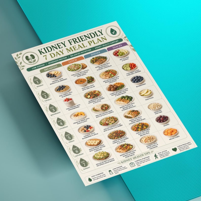 May include: A printed 7-day kidney-friendly meal plan chart featuring a grid layout with daily breakfast, lunch, dinner, and snack suggestions. The document includes text headers, icons of kidneys, and small circular images of various food items.